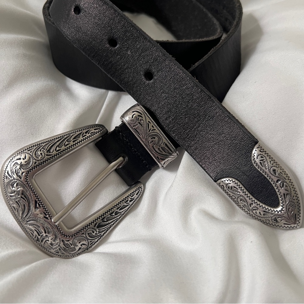 Black Leather Belt with Silver Buckle
